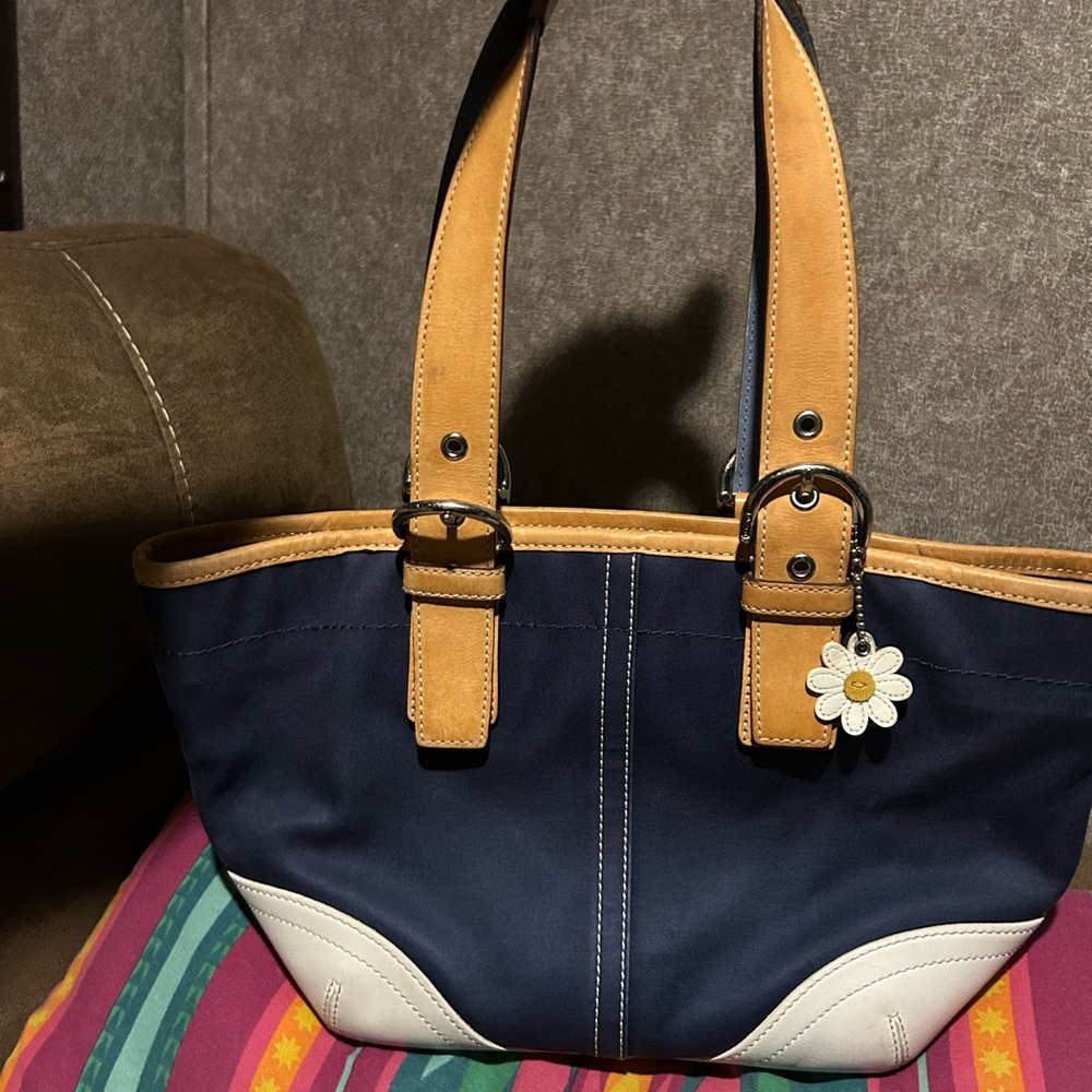 Coach Blue and Tan Tote with Adjustable Handles